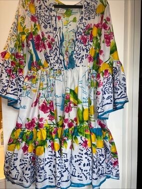 ANTICA SARTORIA MULTICOLORED LEMON PRINT TIERED COTTON DRESS FROM ITALY NWTS OS